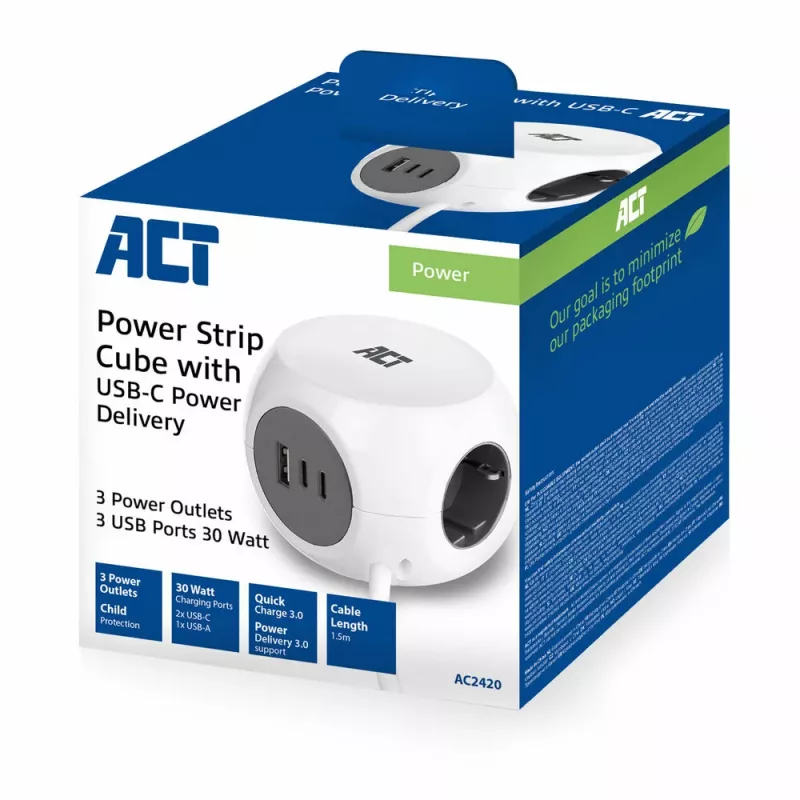 ACT AC2420 prolunga elettrica 1,5 m 3 prese AC per interni bianco
