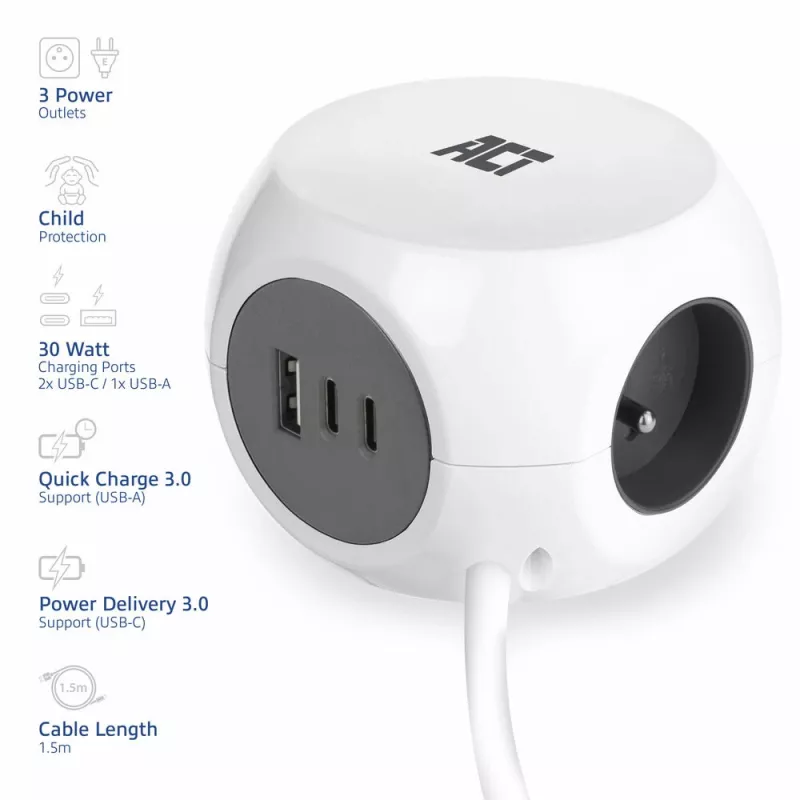 ACT AC2425 prolunga elettrica 1,5 m 3 prese AC per interni bianco