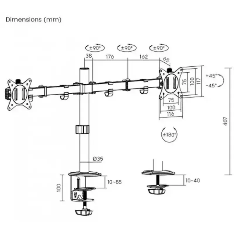 Supporto monitor eSTUFF GLB227002 regolabile in altezza orientabile
