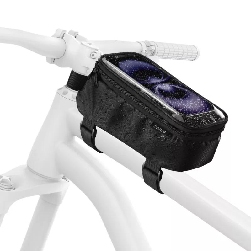 Hama 00121353 borsa da telaio per bicicletta per il tubo orizzontale, con scomparto trasparente per il telefono, nera