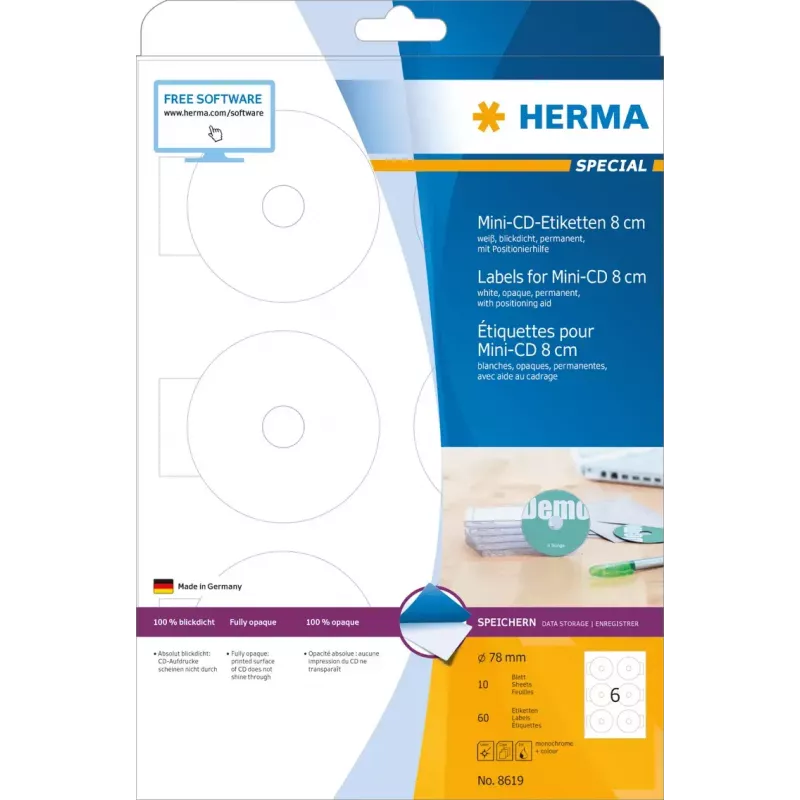 Etichette adesive HERMA CD Mini A4 Ø 78 mm