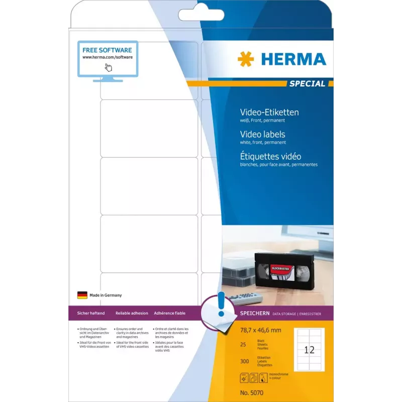 Etichetta adesiva per stampante HERMA Videoetiketten A4 78,7x46,6 mm