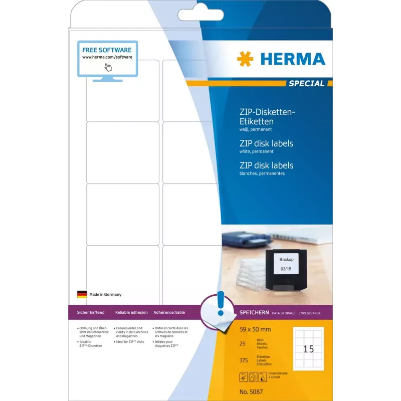 Etichette HERMA ZIP diskettes A4 59x50 mm carta bianca opaca 375 pz.
