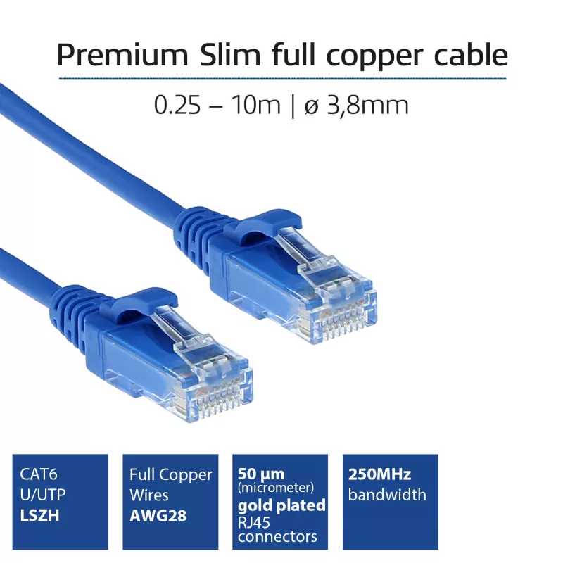 ACT blu 2 metri LSZH U/UTP CAT6 data center Slimline patch cable snagless con connettori RJ45