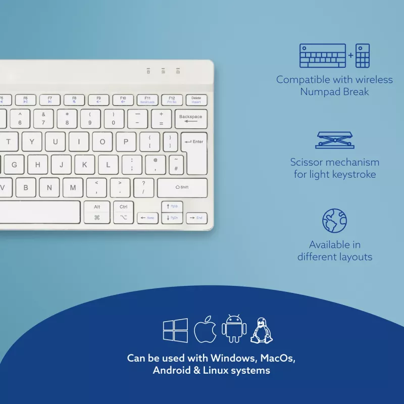 R-Go Tools Tastiera ergonomica R-Go Compact Break, tastiera compatta con software per pause, QWERTY (UK), Bluetooth, bianco