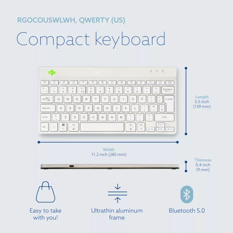 R-Go Tools Tastiera ergonomica R-Go Compact Break, tastiera compatta con software per pause, QWERTY (UK), Bluetooth, bianco