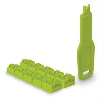 Lindy bloccaggio porta RJ45 verde, 10x + 1 chiave, bloccaggio porta + chiave, RJ-45, verde, acrilonitrile-butadiene-stirene (ABS), 10 pezzi, sacchetto in polietilene