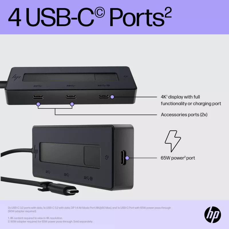 HP 4K USB-C Multiport Hub, USB Type-C, USB Type-C, 10000 Mbit/s, 3840 x 2160, nero, 65 W