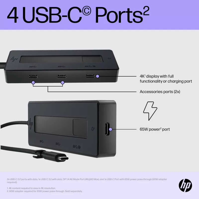 HP 4K USB-C Multiport Hub, USB Type-C, USB Type-C, 10000 Mbit/s, 3840 x 2160, nero, 65 W