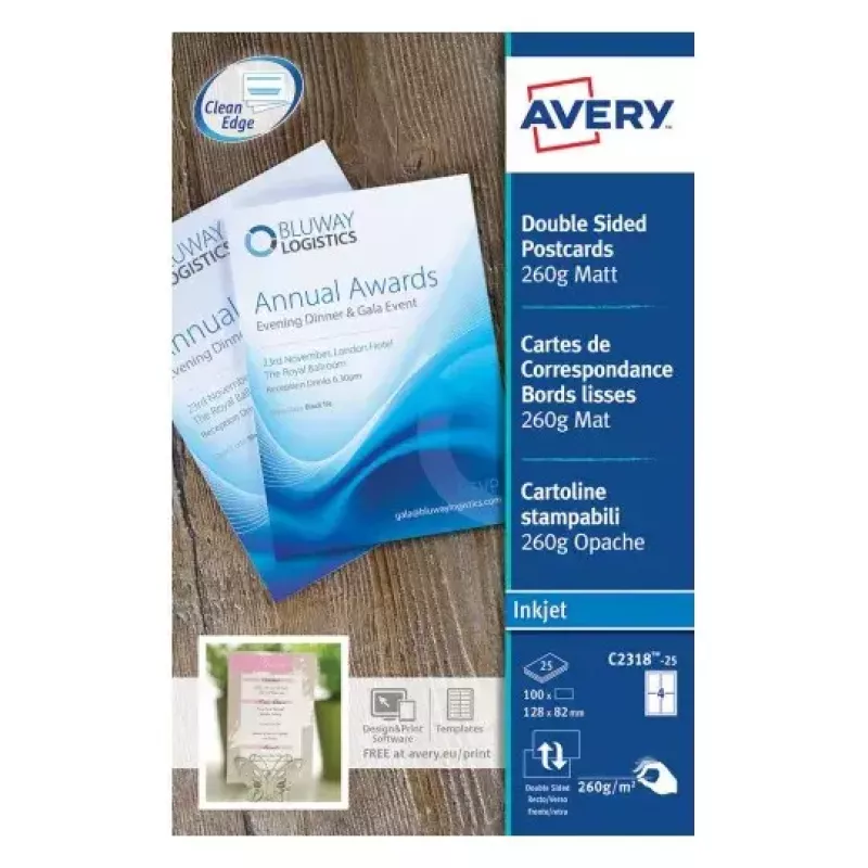 Avery Quick&Clean C2318-25i cartoncini, 82,6 x 127 mm, 260 g/m², bianco, 100 cartoncini (25 fogli x 4)