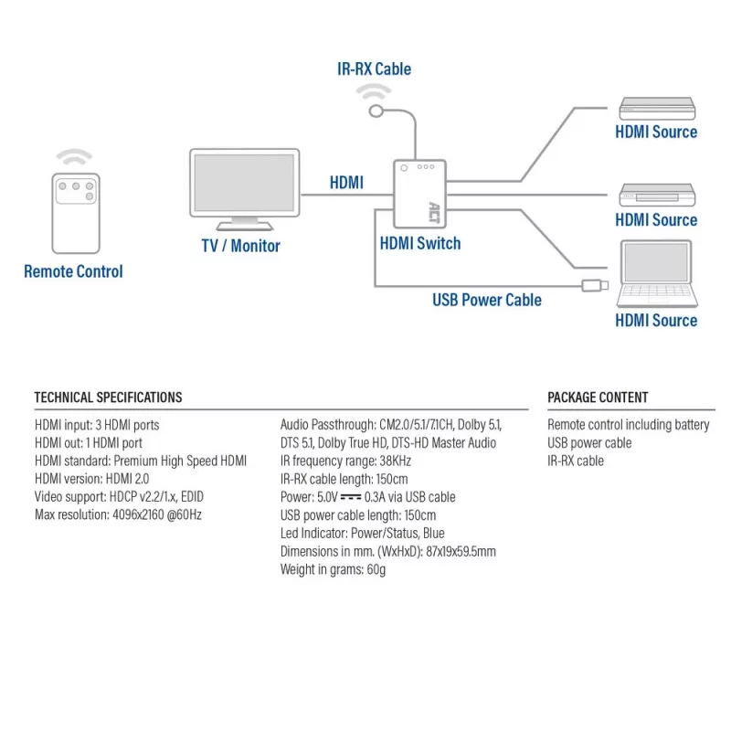 ACT switch HDMI 4K 3x1 nero 60Hz 1920x1080 3840x2160