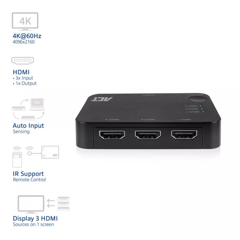 ACT switch HDMI 4K 3x1 nero 60Hz 1920x1080 3840x2160