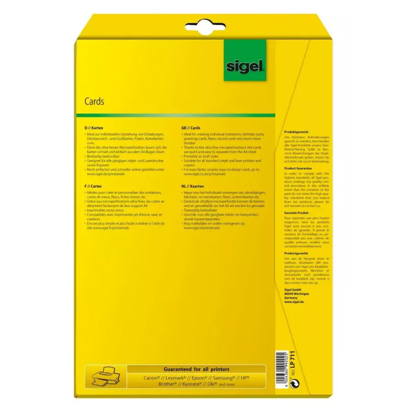 Sigel LP711 carta per cartoline A6 (105 x 148 mm), 185 g/m2, 80 cartoline, bianco