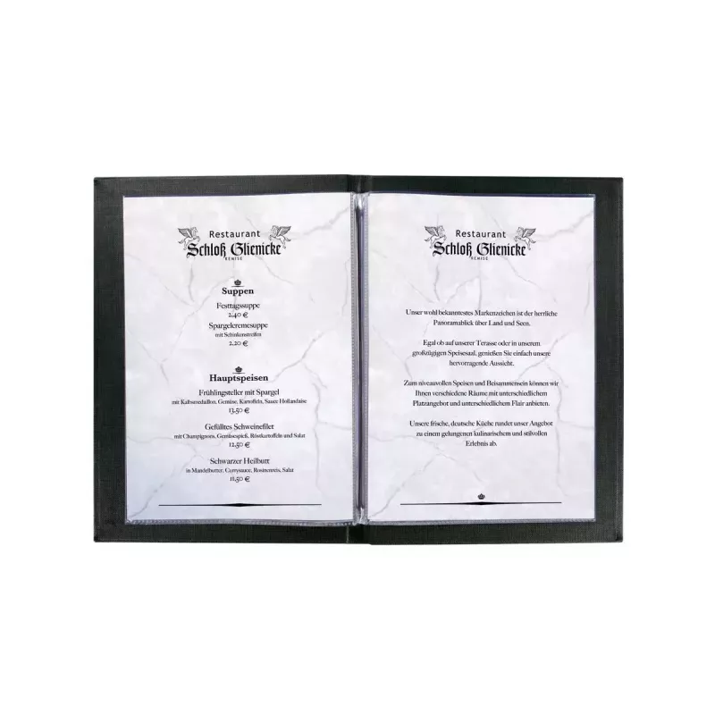 Sigel SM115 cartella menu A5, nera, plastica, con 2 buste doppie trasparenti