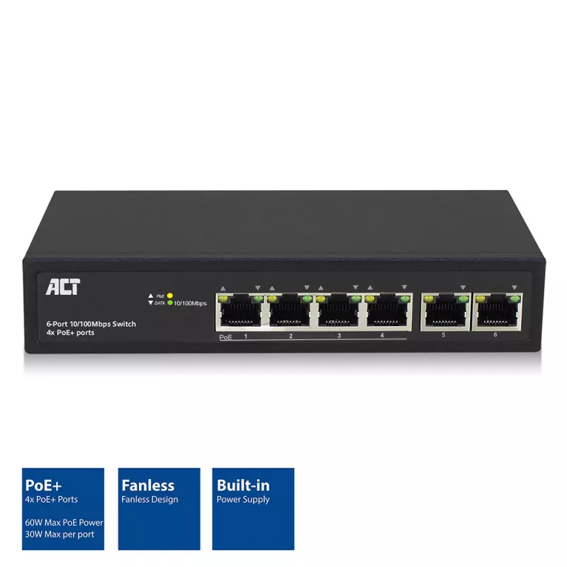 ACT switch di rete a 6 porte, 10/100 Mbit/s, 4x porte PoE+ (30 W)