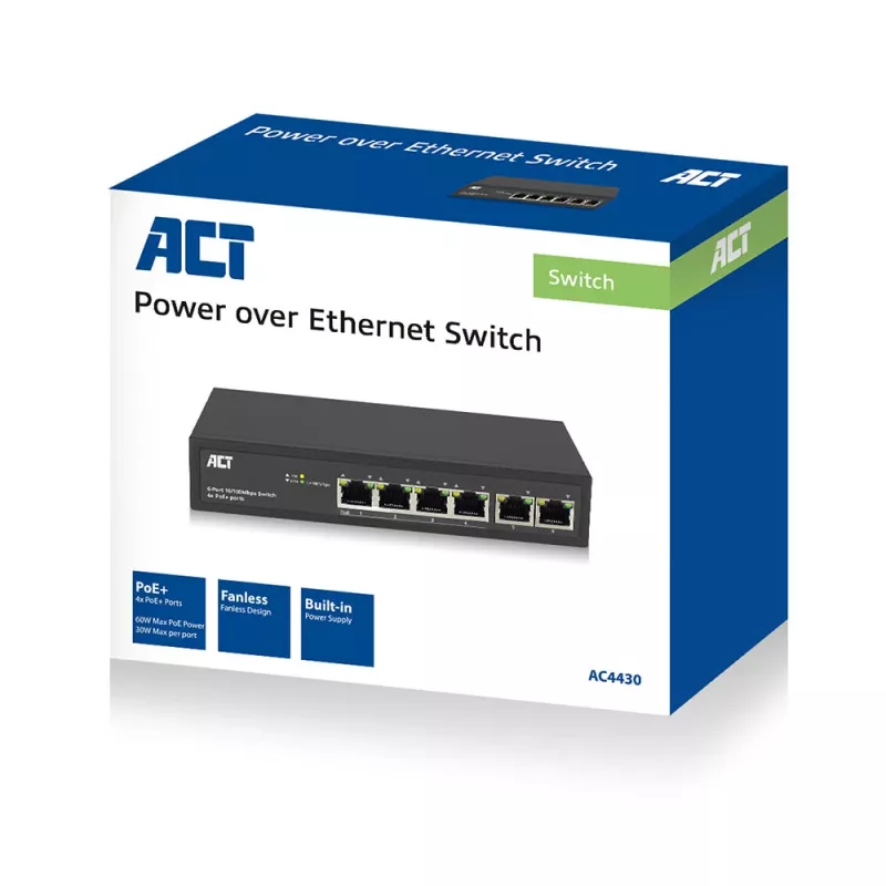 ACT switch di rete a 6 porte, 10/100 Mbit/s, 4x porte PoE+ (30 W)