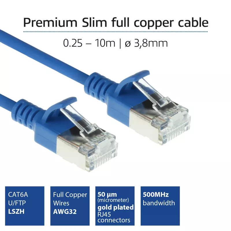 ACT blu 0,5 metri LSZH U/FTP CAT6A patch cable slimline per data center con connettori RJ45 senza linguette