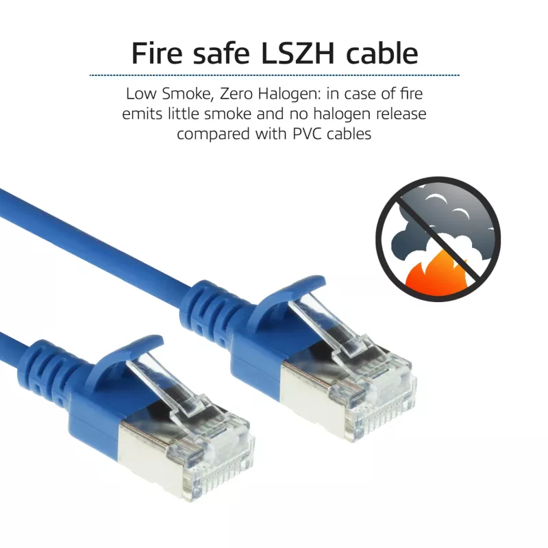 ACT blu 2 metri LSZH U/FTP CAT6A patch cable slimline per data center con protezione linguette e connettori RJ45