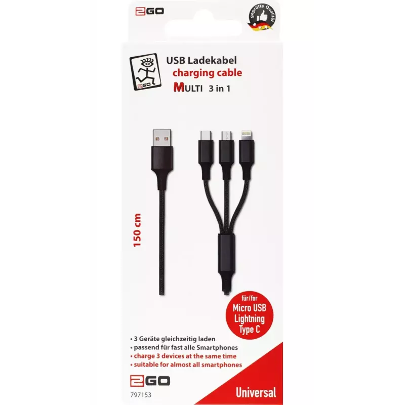 Cavo USB 2GO 797153 1,5 m USB-B a USB-C/Micro-USB-B/Lightning nero
