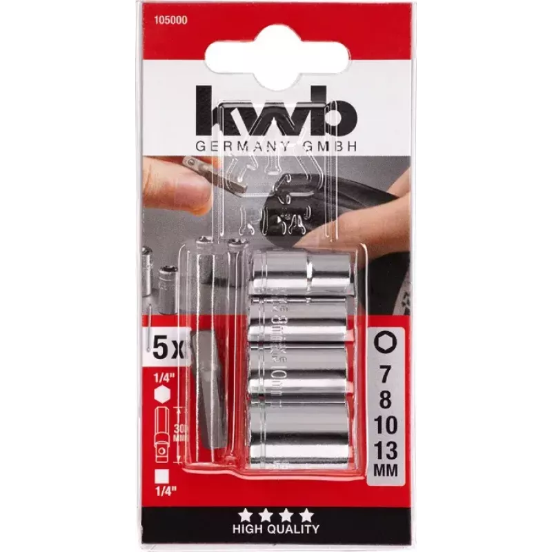 kwb 105000 Set di chiavi a bussola con adattatore da 1/4", 7/8/10/13 mm, 5 pz.