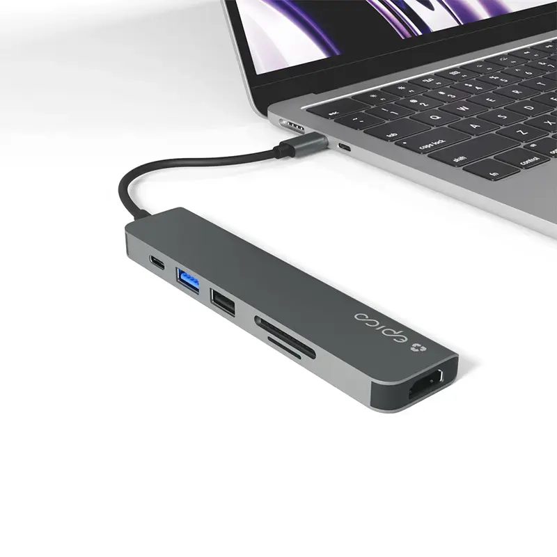 Hub interfaccia Epico 9915112100080 — host USB Type-C, HDMI, USB 2.0, USB Type-C, lettore schede MicroSD/SD, alluminio/TPU, grigio