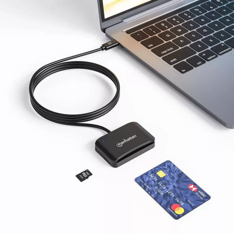Manhattan lettore di smart card a contatto USB-C con slot MicroSD, connettore USB Type-C su interfaccia lettore a contatto e microSDXC, supporta Windows, macOS e Linux, legge SIM con adattatore, cavo 1 m, nero, tre anni di garanzia