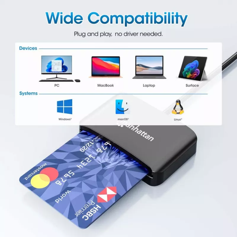 Manhattan lettore di smart card a contatto USB-C con slot MicroSD, connettore USB Type-C su interfaccia lettore a contatto e microSDXC, supporta Windows, macOS e Linux, legge SIM con adattatore, cavo 1 m, nero, tre anni di garanzia