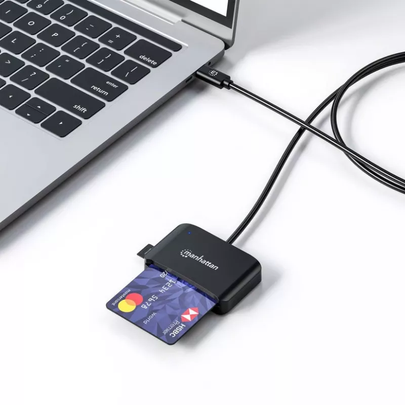 Manhattan lettore di smart card a contatto USB-C con slot MicroSD, connettore USB Type-C su interfaccia lettore a contatto e microSDXC, supporta Windows, macOS e Linux, legge SIM con adattatore, cavo 1 m, nero, tre anni di garanzia
