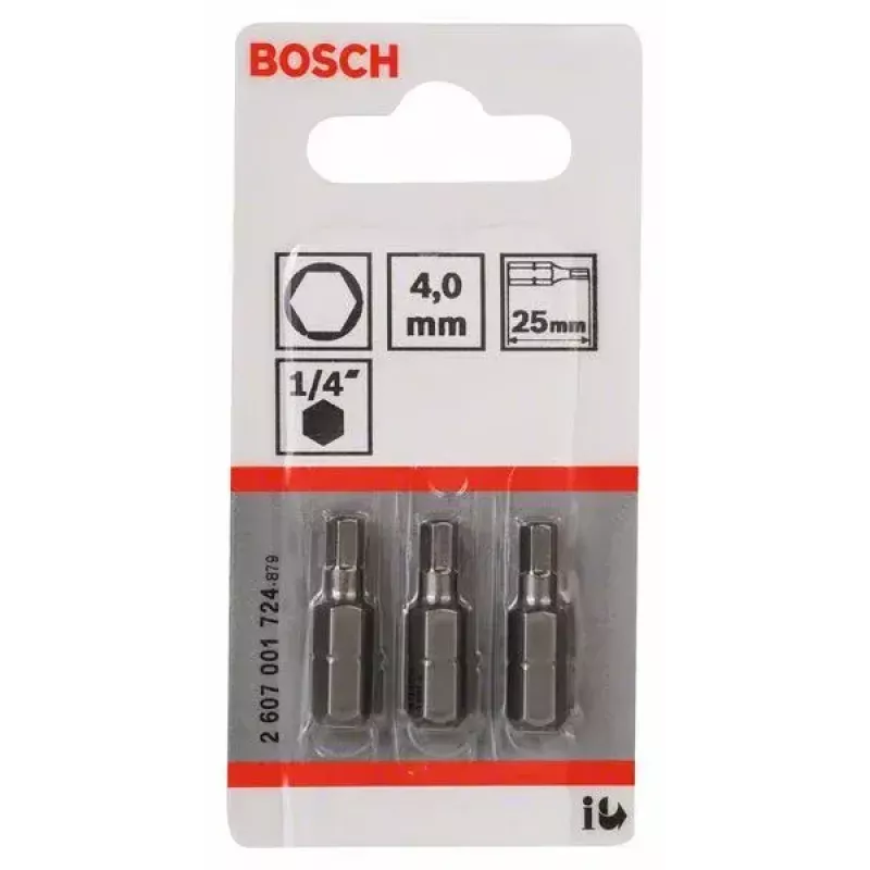Bosch 2607001724 Inserto esagonale 4 mm, extra duro, C 6,3, 3 pz.