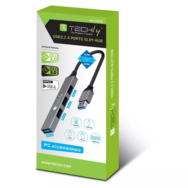 Dock/replicatore di porte per laptop Techly IUSB32-HUB4A-3U2SLS con filo USB 3.2 Gen 1 (3.1 Gen 1) Type-A grigio
