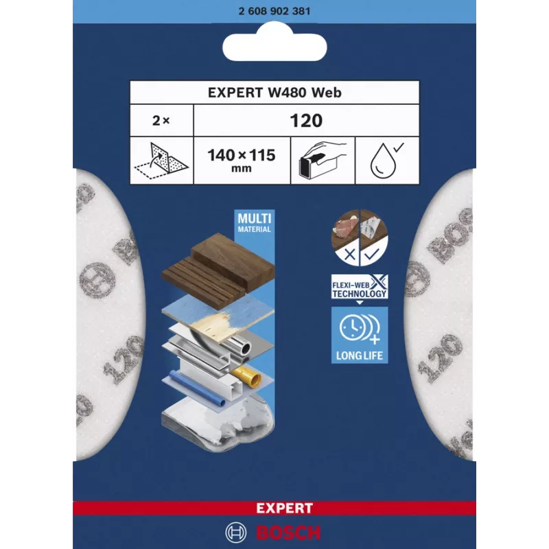 Foglio abrasivo Bosch W480, grana fine P320, 115×140 mm, 2 pz.