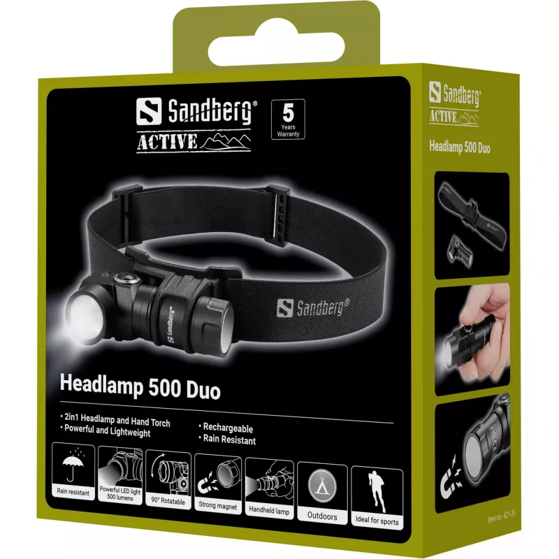 Sandberg Headlamp 500 Duo, torcia frontale, nera, alluminio, IP44, LED, 25 lm