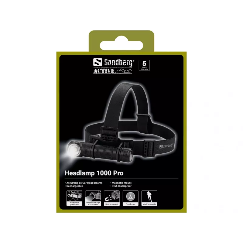 Sandberg Stirnlampe 1000 Pro, torcia frontale, nero, alluminio, IP66, LED, 25 lm