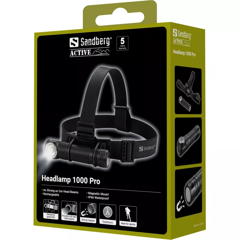 Sandberg Stirnlampe 1000 Pro, torcia frontale, nero, alluminio, IP66, LED, 25 lm