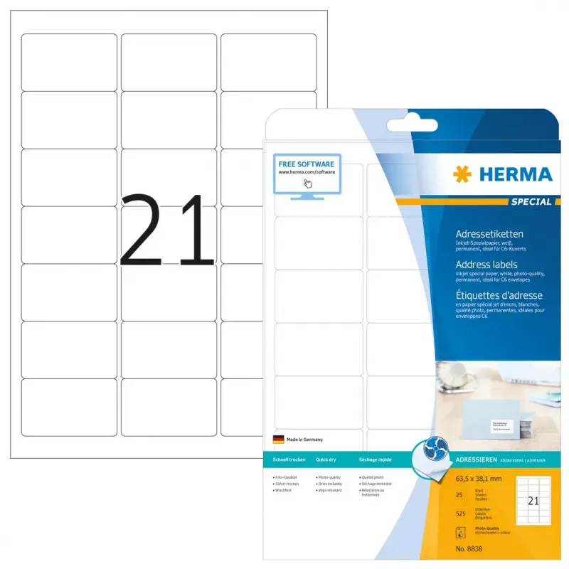 Etichette per indirizzi inkjet HERMA 8838 A4 63,5x38,1 mm 525 pz.