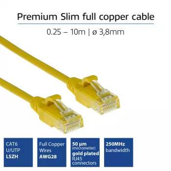 ACT giallo 0,25 m LSZH U/UTP CAT6 Datacenter Slimline cavo patch con connettori RJ45, senza linguetta