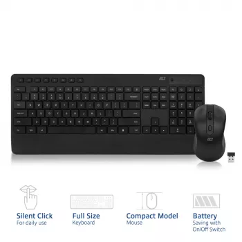 Set tastiera e mouse wireless ACT (Qwerty), click silenzioso, ecologico, in materiali riciclati