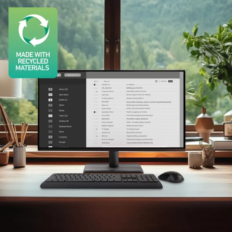 Set tastiera e mouse wireless ACT (Qwerty), click silenzioso, ecologico, in materiali riciclati