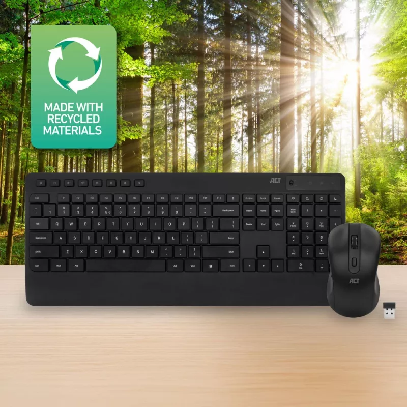 Set tastiera e mouse wireless ACT (Qwerty), click silenzioso, ecologico, in materiali riciclati