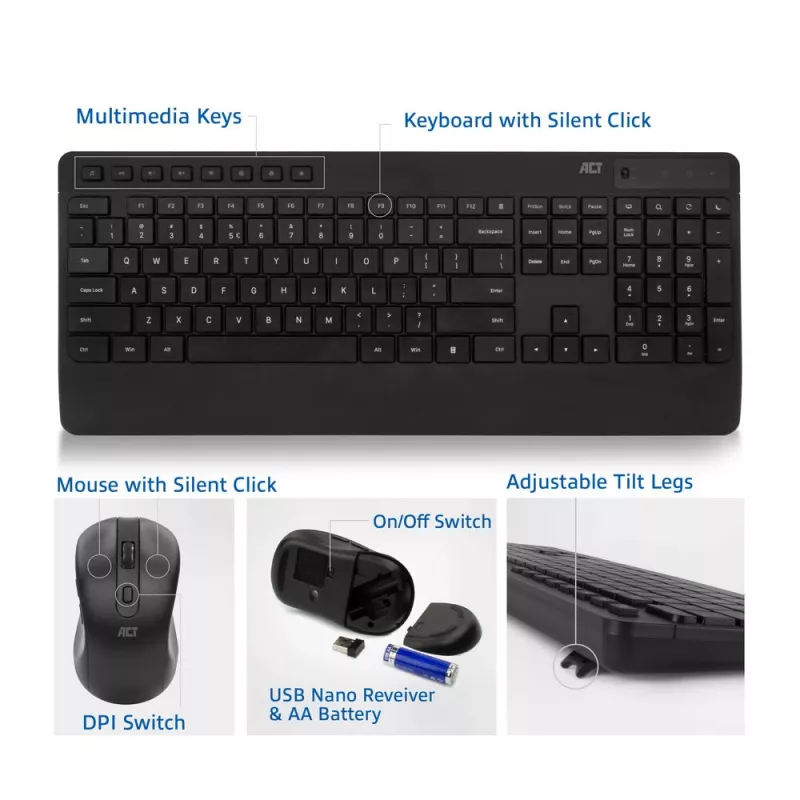 Set tastiera e mouse wireless ACT (Qwerty), click silenzioso, ecologico, in materiali riciclati