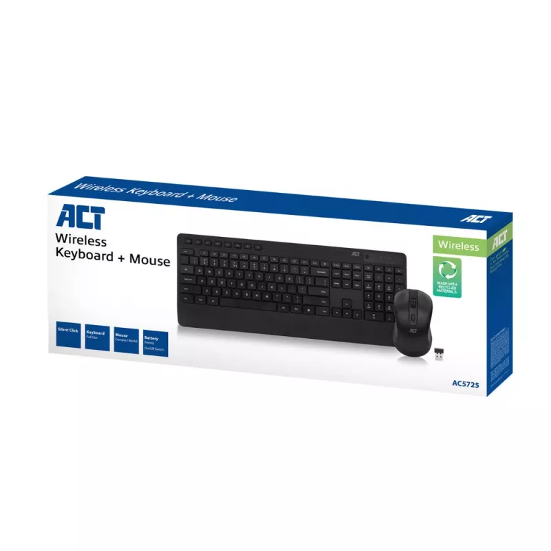 Set tastiera e mouse wireless ACT (Qwerty), click silenzioso, ecologico, in materiali riciclati
