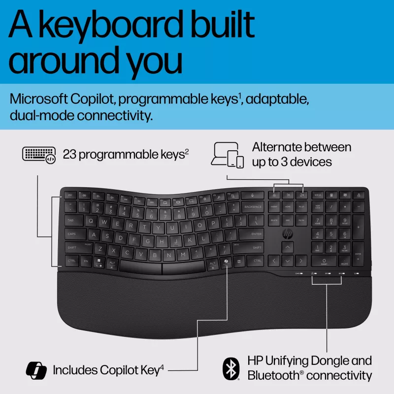 HP 680 Comfort tastiera dual-mode, full-size (100%), wireless, RF Wireless + Bluetooth, QWERTY, nero