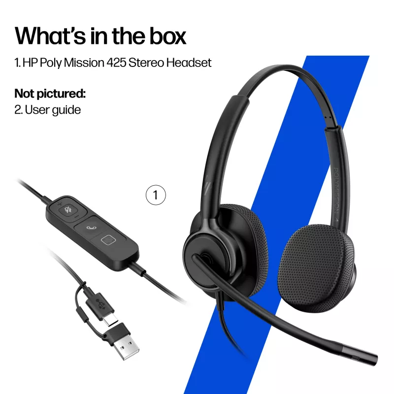 Cuffie stereo con filo HP Poly Mission 425 USB — Bulk, peso 132 g