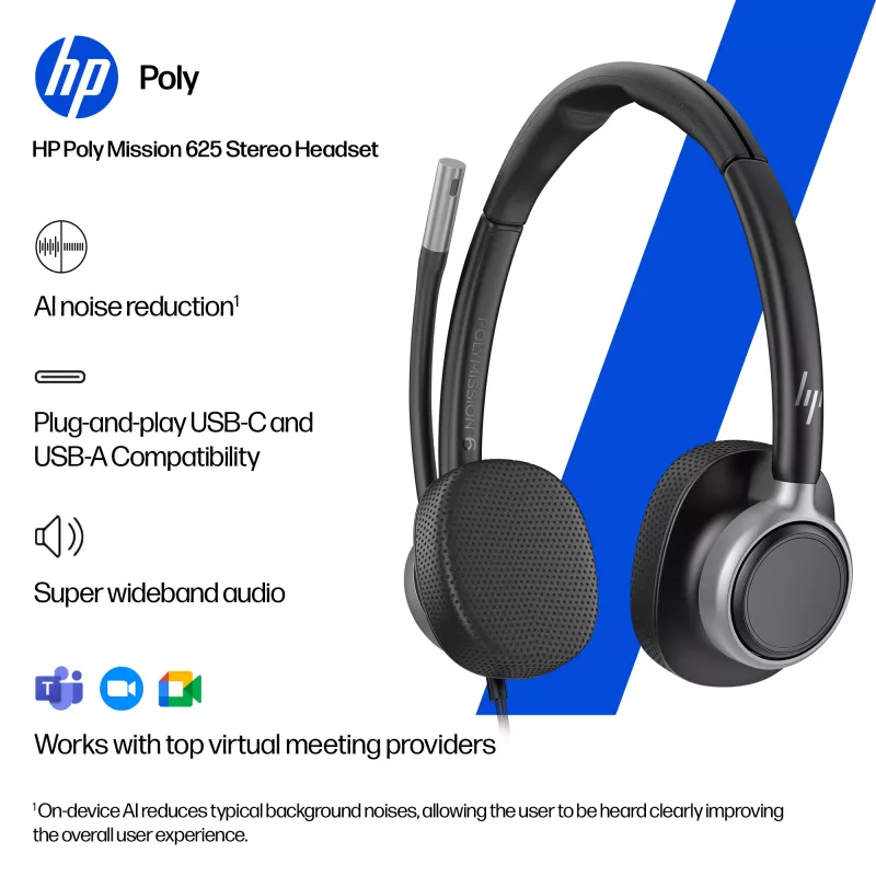 Cuffie USB stereo con filo HP Poly Mission 625 — circumaurali, 147 g, connessione USB (Bulk)