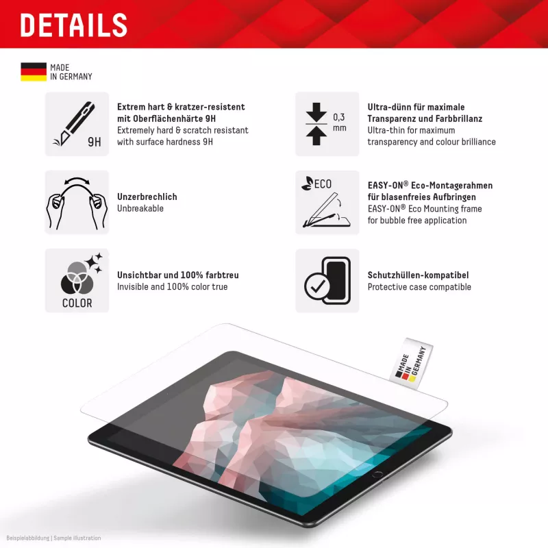 Displex Vetro per tablet (9H) per Samsung Galaxy Tab S10 Ultra/S11 Ultra, cornice di montaggio Eco, infrangibile