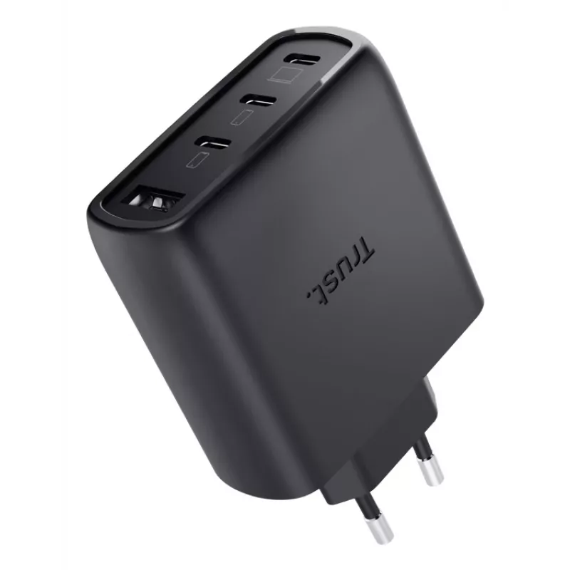 Caricabatterie rapido AC TRUST Maxo 65W per interni, 3× USB-C, max 20V, cavo 2 m, nero