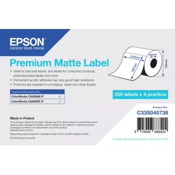 Epson C33S045738 Premium etichette opache fustellate A4 (210 x 297 mm), adesivo acrilico permanente, bianco brillante