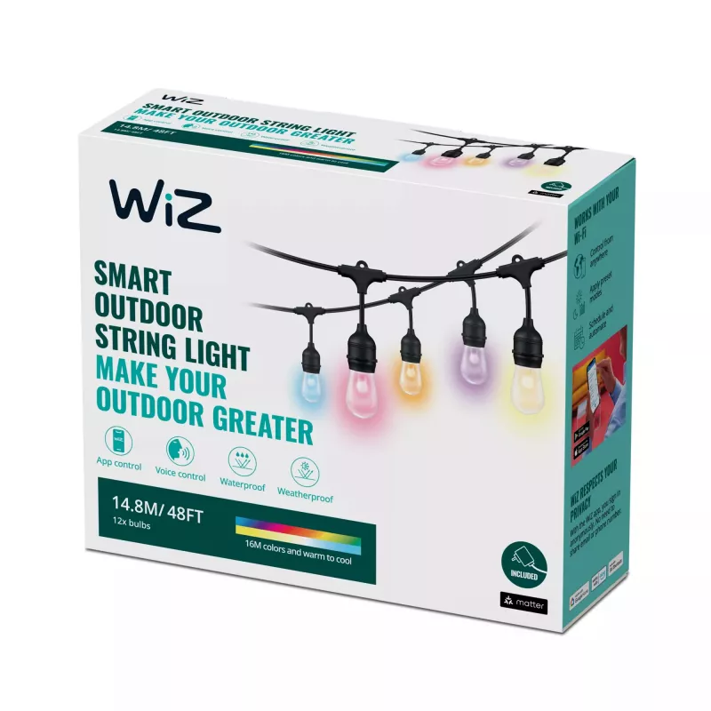 WiZ String Lights, catena luminosa intelligente, Wi-Fi/Bluetooth, nera, Wi-Fi 4 (802.11n), 802.11b, 802.11g, LED, plastica
