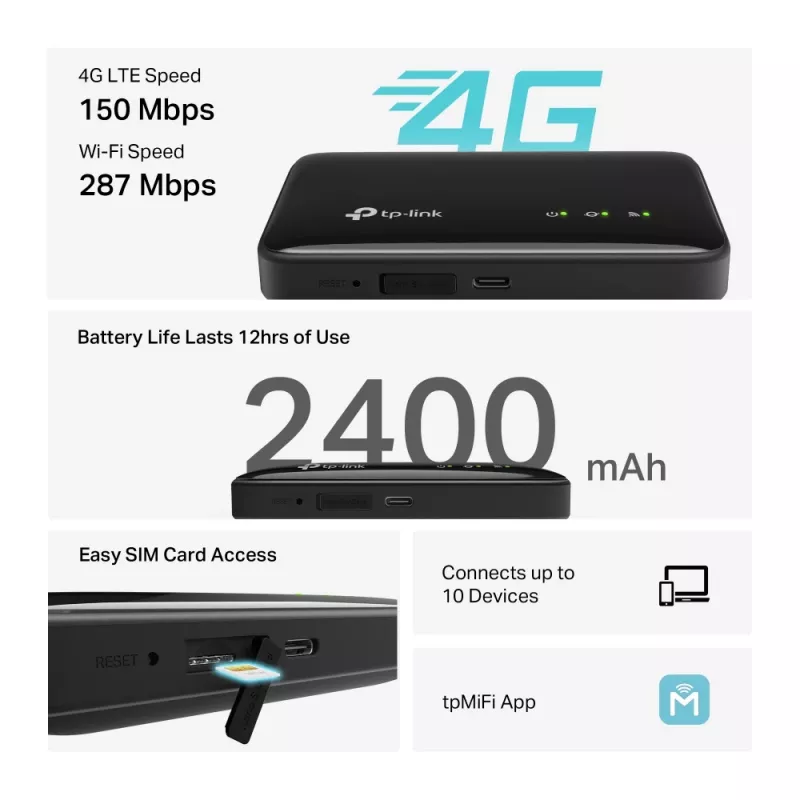Router wireless 4G TP-Link M7005, single-band 2,4 GHz, NanoSIM, Wi-Fi 6, nero