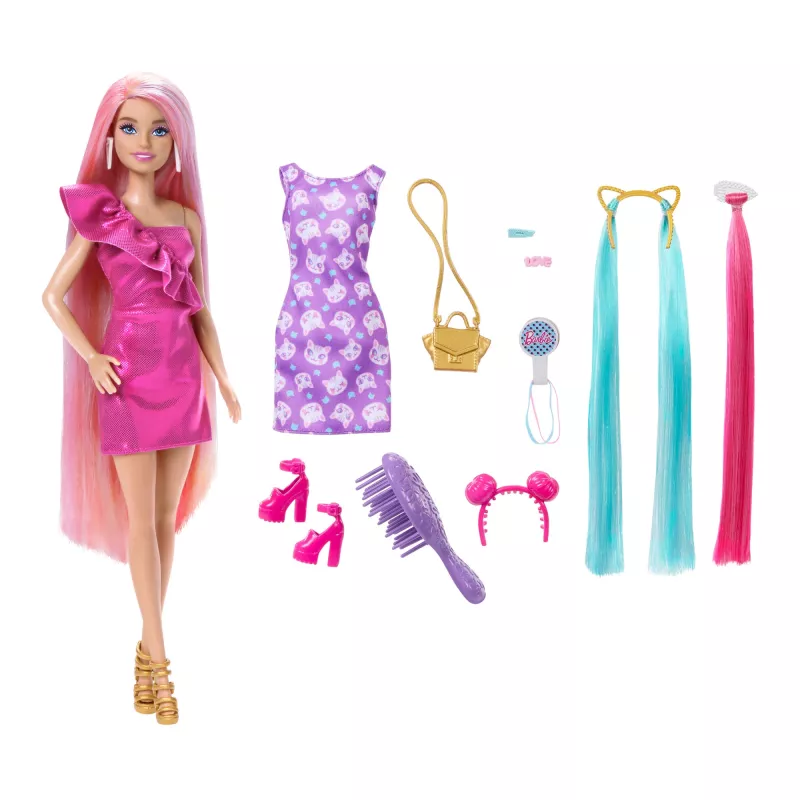 Bambola Barbie Fun & Fancy Hair con capelli biondi multicolore extra lunghi e accessori per lo styling